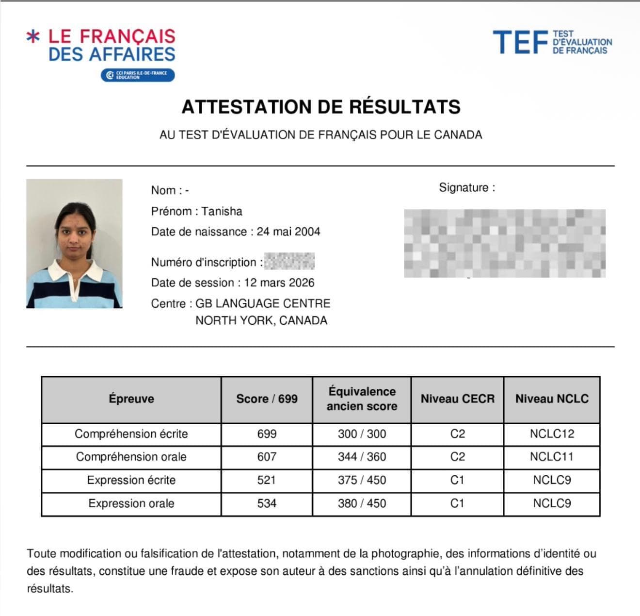 TEF exam results certificate — Attestation de Résultats